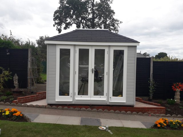Dukesbury Garden Room with Black Felt Shingle Tiles. Available from Taunton Sheds Dukesbury Garden Room with Black Felt Shingle Tiles. Available from Taunton Sheds